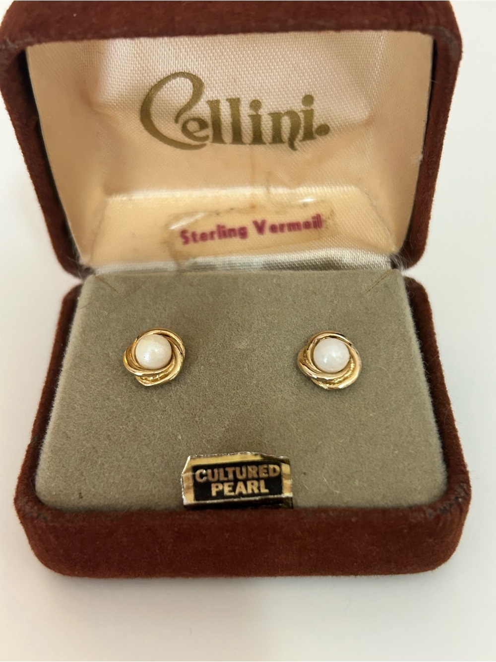 Vintage Cellini Cultured Pearl Love Knot Earrings Sterling Vermeil 925 Boxed